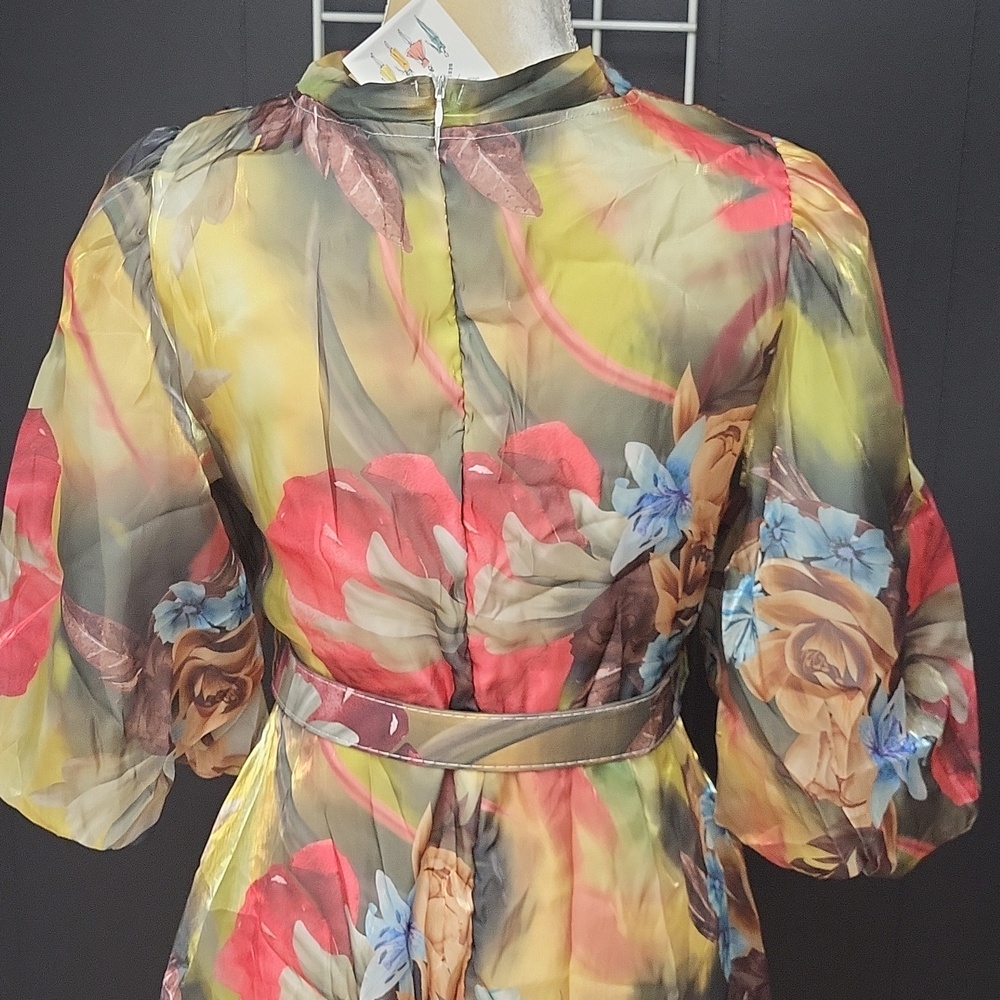 NWT, Vintage-Inspired Floral Tie-Neck Dress in Multi-Color, LARGE - Picture 9 of 11